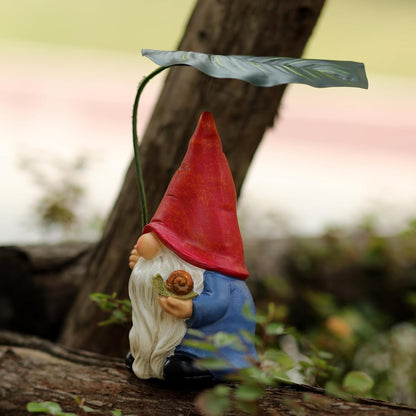 Garden Gnome Statue Decoration with Leaf Umbrella, 6.5” Figurine Ornament for Indoor Outdoor Home