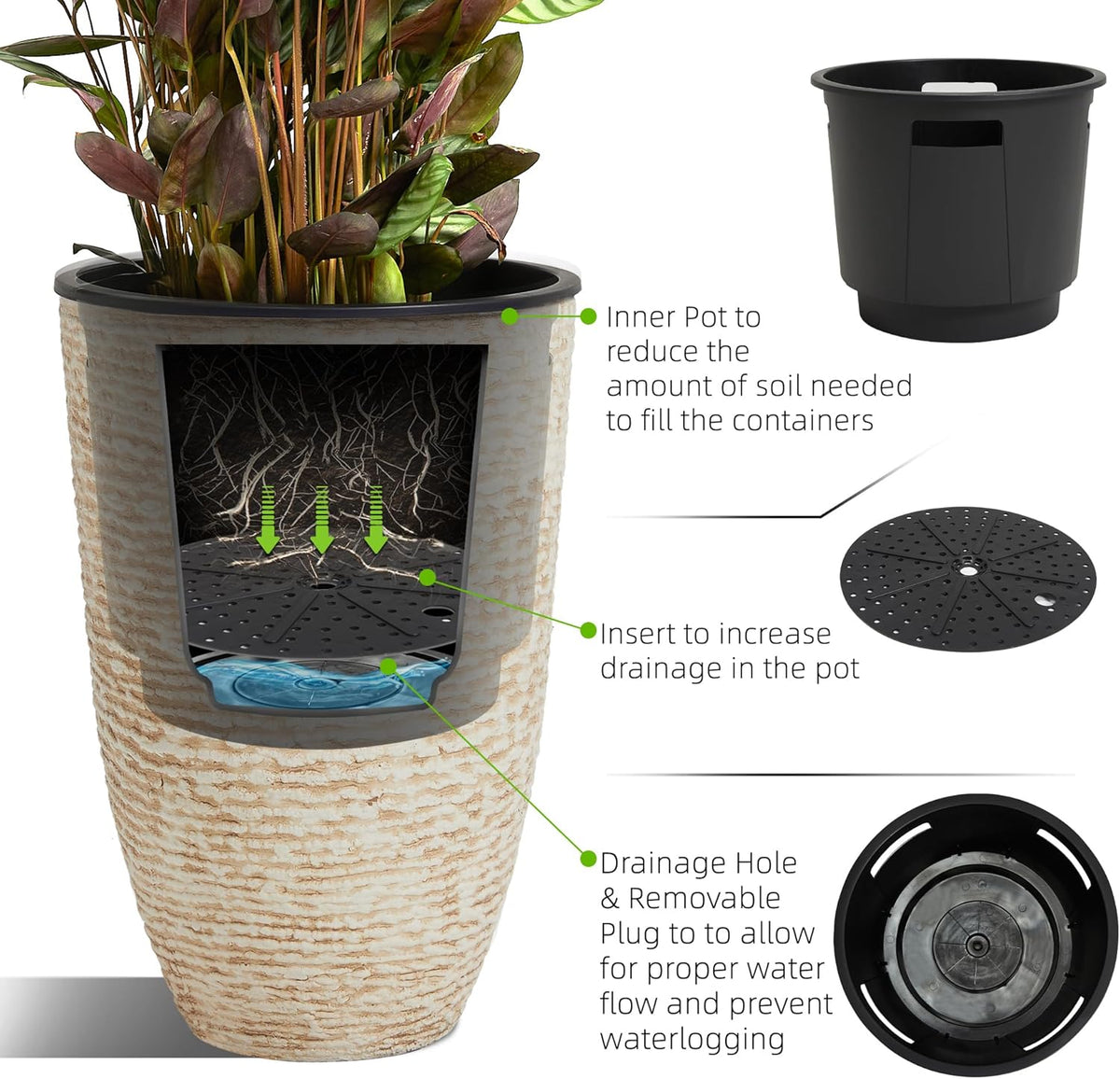 WORTH Garden 2-Pack 21" H. Beige Tall Planters with Inside Pots - 14'' Dia Plastic Large Round
