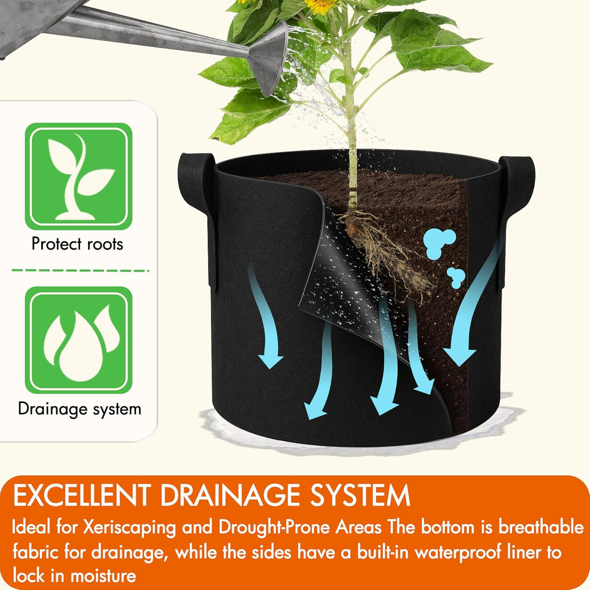 Gardzen 5 Gallon Grow Bags 6-Pack, 500G Thick Nonwoven Fabric Pots with Waterproof Liner &