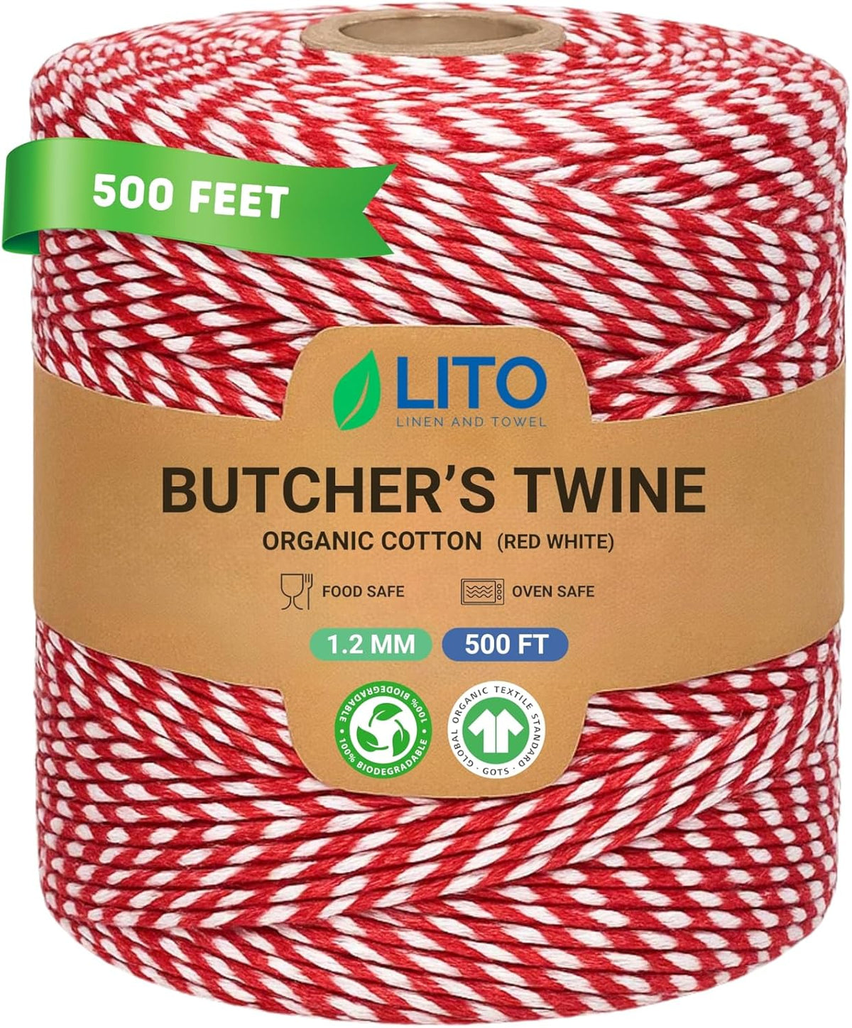 Red and White Organic Twine Cotton String - 500 Feet Wrapping, Baking, Butcher, Crafts, DIY