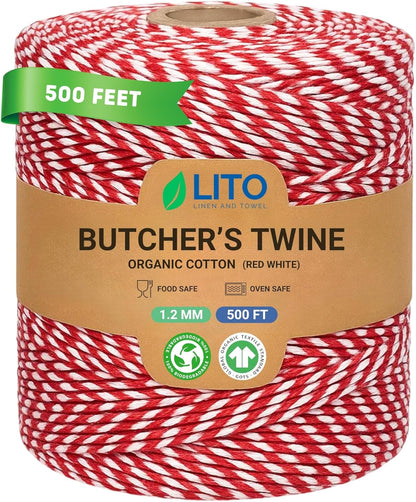 Red and White Organic Twine Cotton String - 500 Feet Wrapping, Baking, Butcher, Crafts, DIY