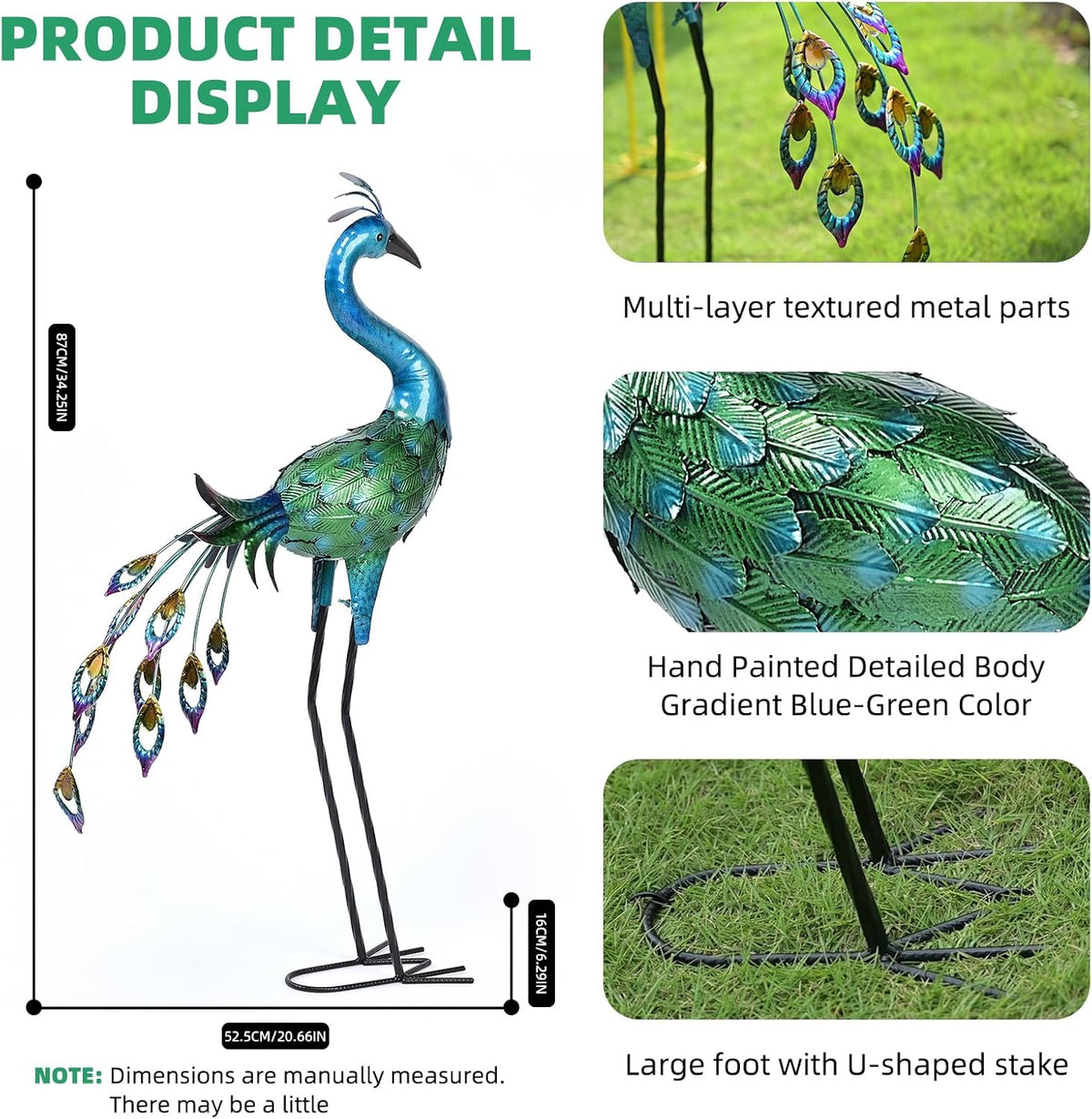 Metal Peacock Statue Yard Decor - Large Iron Peacock 34", Standing Bird Garden Sculptures, Metal
