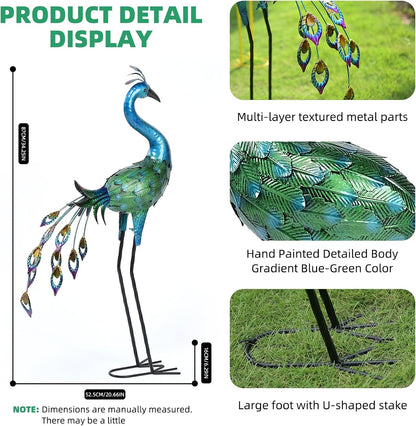 Metal Peacock Statue Yard Decor - Large Iron Peacock 34", Standing Bird Garden Sculptures, Metal