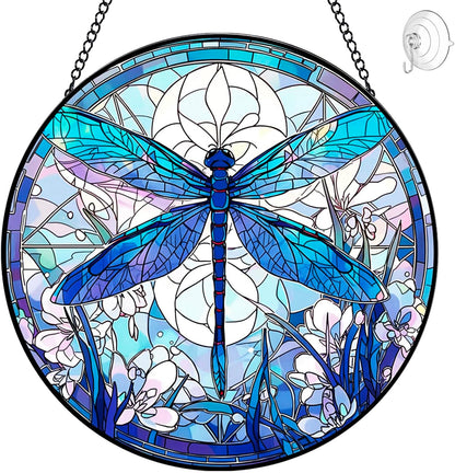 Dragonfly Suncatcher Stained Glass Window Hanging - 8” Stained Glass Suncatchers for Windows - Sun