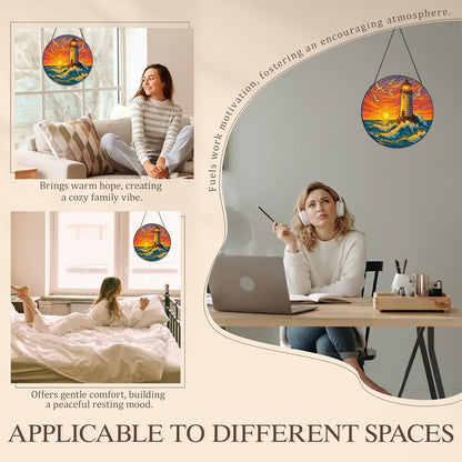 Stained Glass Window Hanging,Lighthouse Sun Catchers Stained Glass Panels for Indoor Windows Wall