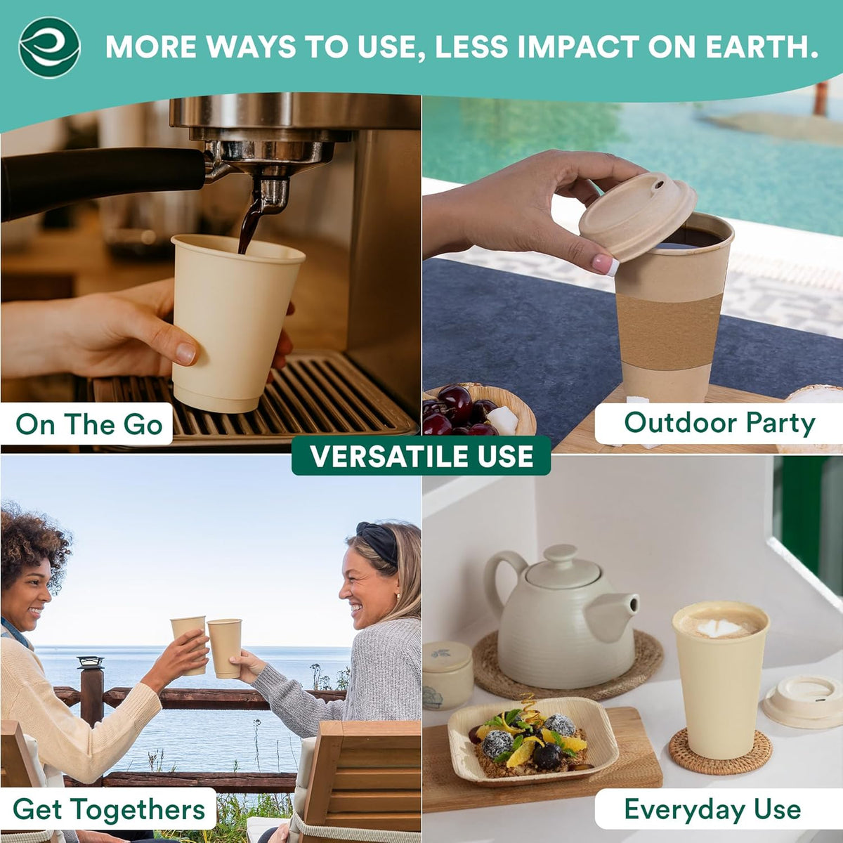 ECO SOUL 100% Compostable Plant-Based 8oz Hot Cups | (100 Count, 8 oz Hot Cups) | Disposable