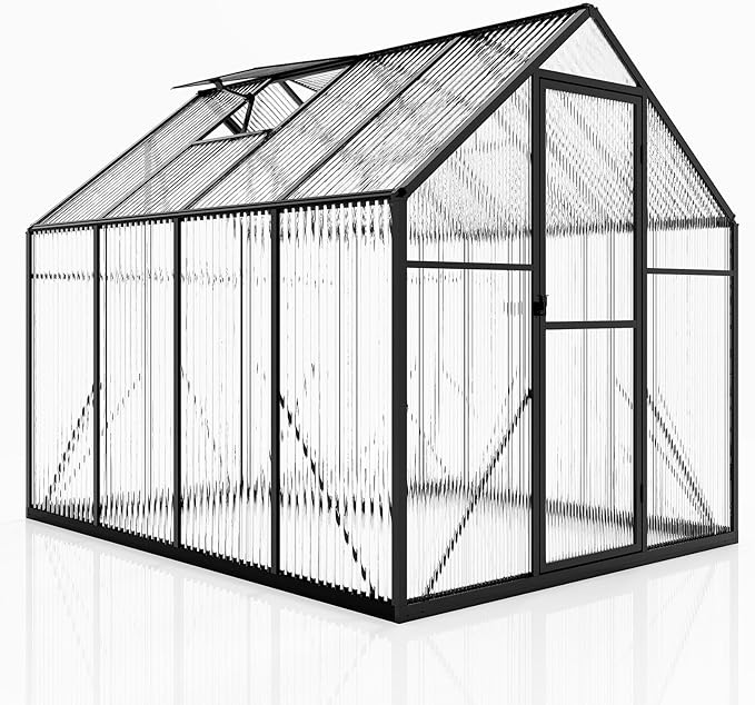 Jocisland 6x8x6.3 FT Polycarbonate Greenhouse for Outdoors with 2 Windows, Dual Swing Doors