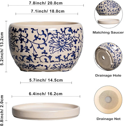SQOWL Ceramic Planters for Indoor Plants - 8 inch Plant Pot with Drainage Hole and Saucer