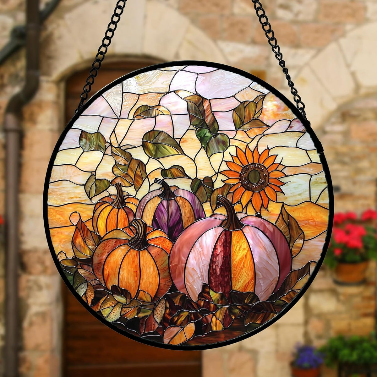Stained Glass Window Hanging, Pumpkin Sunflower Suncatcher Diamond Glass Panel Sun Catchers Decor