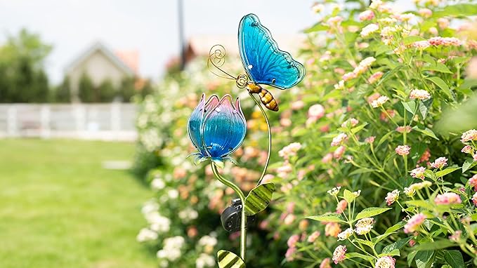 TERESA'S Collections Flower Yard Decorations Outdoor, 42'' Blue Glass Butterfly Solar Outdoor