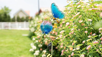 TERESA'S Collections Flower Yard Decorations Outdoor, 42'' Blue Glass Butterfly Solar Outdoor