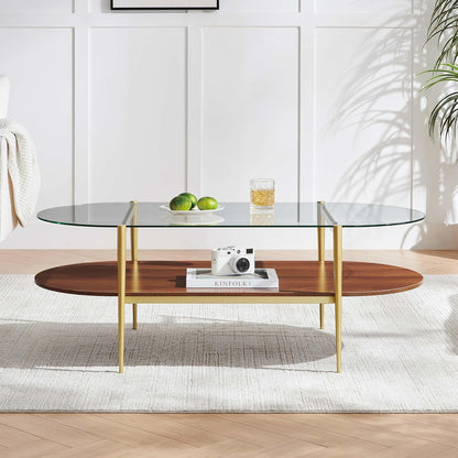 X-Large Oval Glass Coffee Table, Mid-Century Modern Design, L47 x W24 x H17 inch, for Living Room