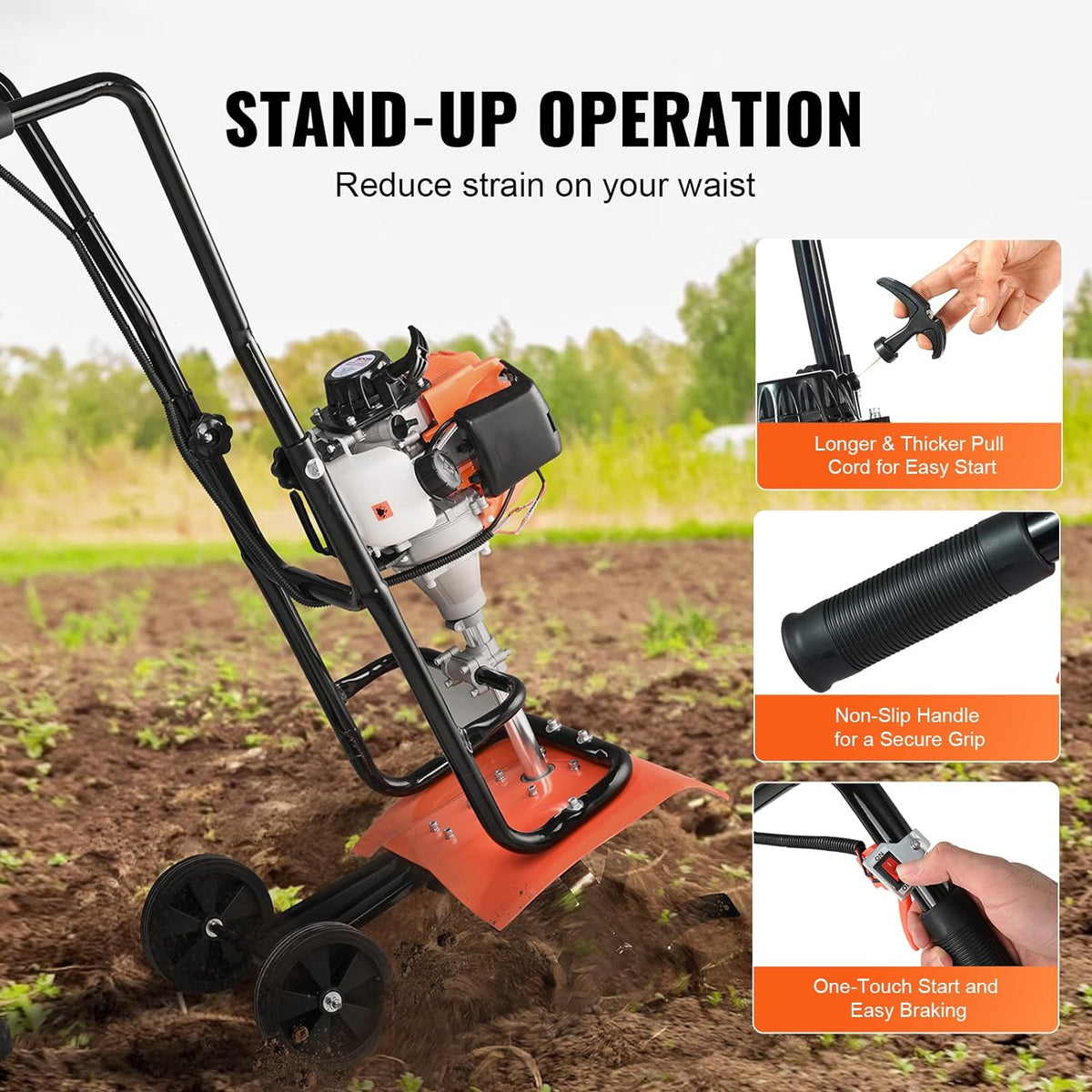 VEVOR Tiller Cultivator, 31CC 4-Stroke Garden Cultivator, Tiller with 4 Steel Adjustable Front