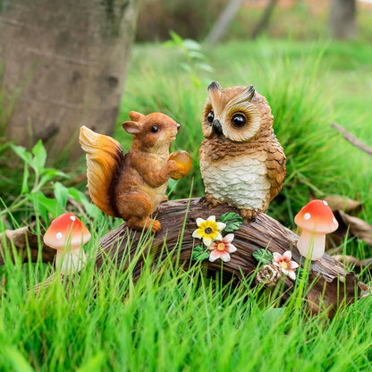 Solar Owl Garden Statues Outdoor Decor Resin Owl Squirrel Figurine with Mushroom Lights for Patio