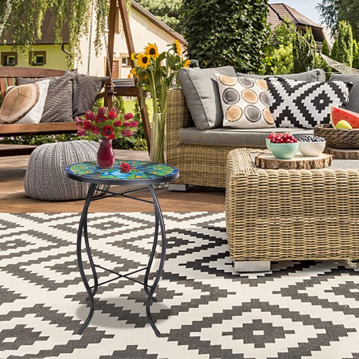 MUMTOP Outdoor Side Table - Small Mosaic Patio Tables, 14” Round Accent End Coffee Glass Plant