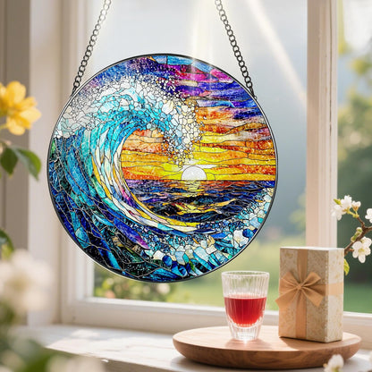 Stained Glass Window Hanging, Pauyadu 8 Inch Sea Waves Stained Glass Suncatcher, Sunset on The