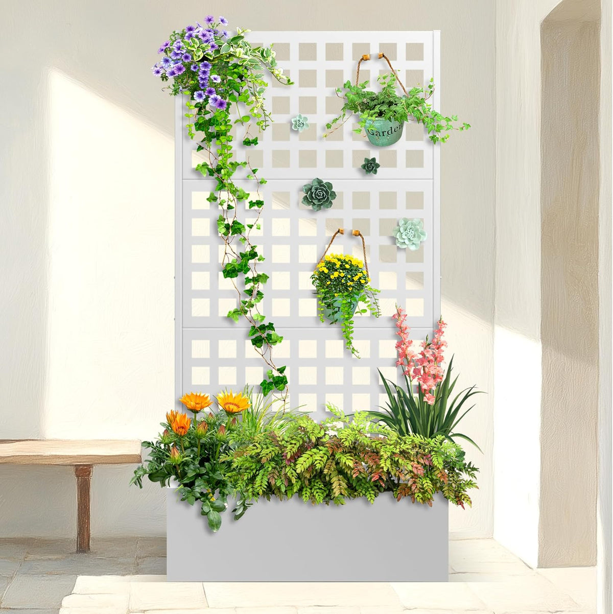 Metal Planter Box with Trellis & Wheels, Raised Garden Bed with Privacy Screen, Outdoor Standing