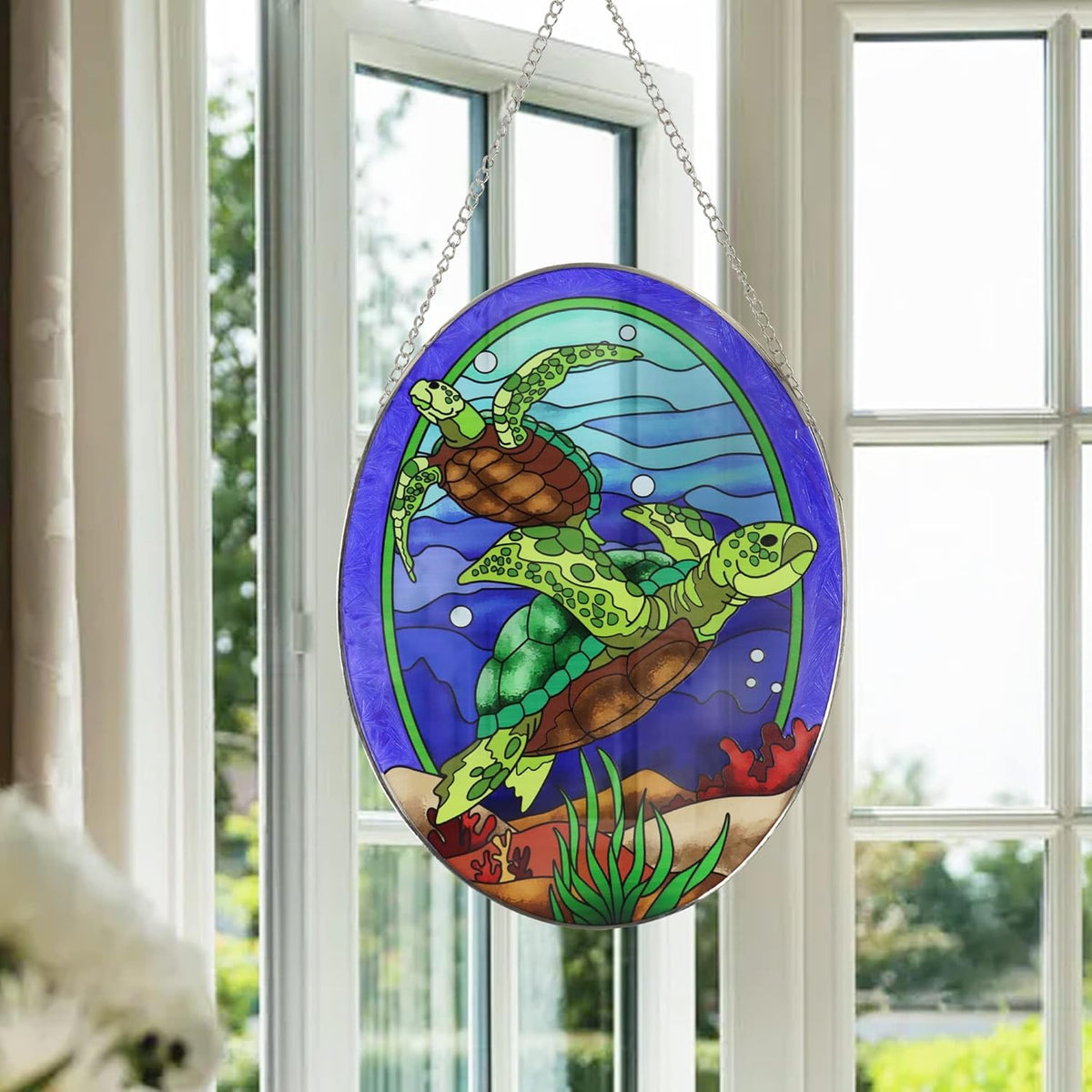 Hanging Ornament, Sea Turtle Stained Glass Window Hangings Suncatcher, 10 inches, Multicolored