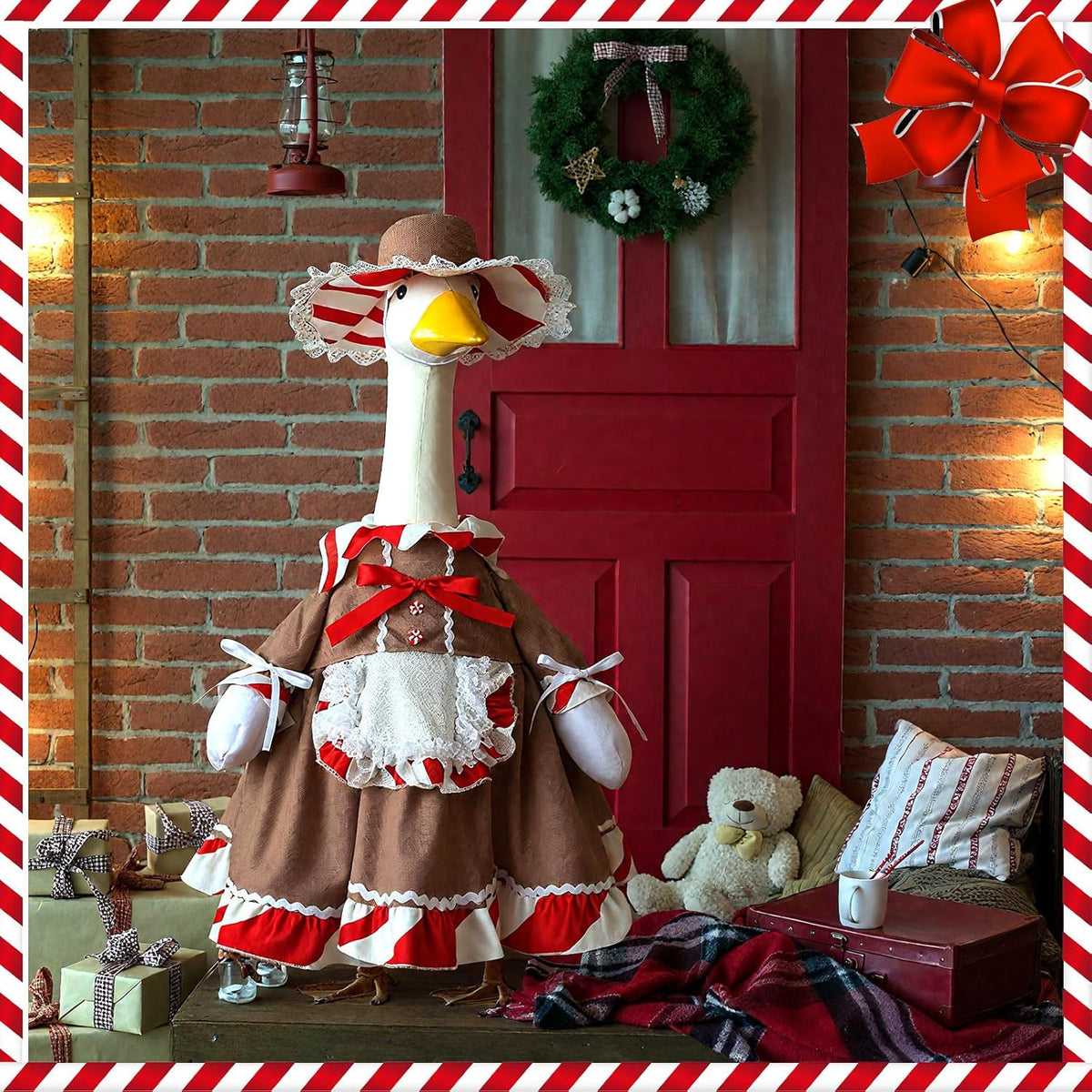 Christmas Gingerbread Porch Goose Outfit 23 Inch Red White Candy Goose Clothes for Cement or