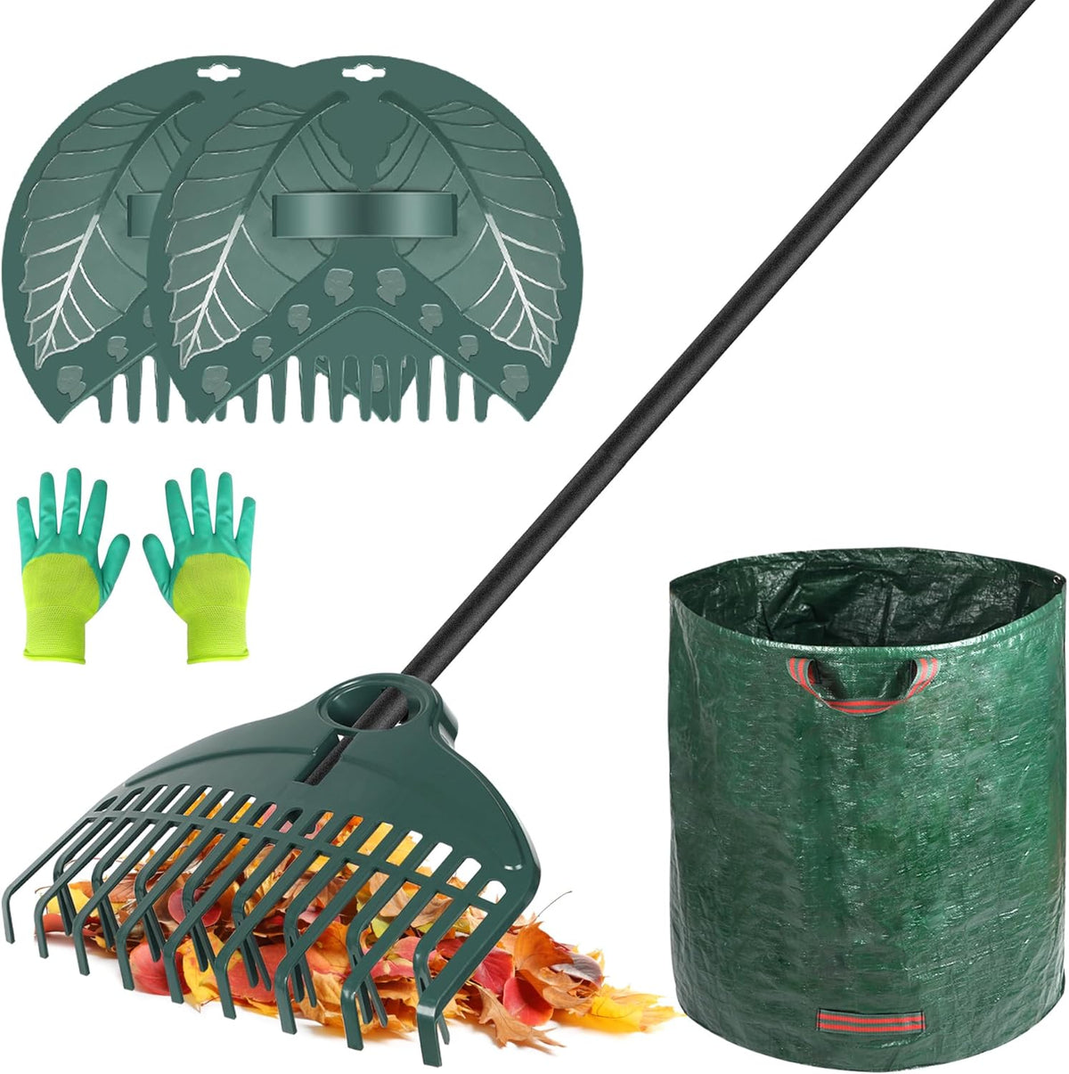 ORIENTOOLS 17Tines Double Row Garden Rake Set with 9Tines Leaf Hand Rakes, 272L Leaves Bin and