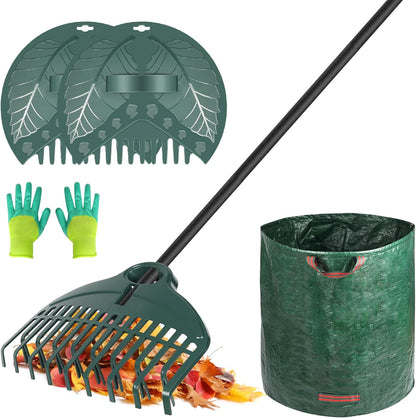 ORIENTOOLS 17Tines Double Row Garden Rake Set with 9Tines Leaf Hand Rakes, 272L Leaves Bin and