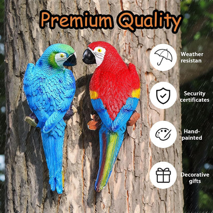 Teaeeno 2Pcs Resin Wall Bird Statue Decor,Real Parrot Sculpture Home Decor,Outdoor Indoor Figurine