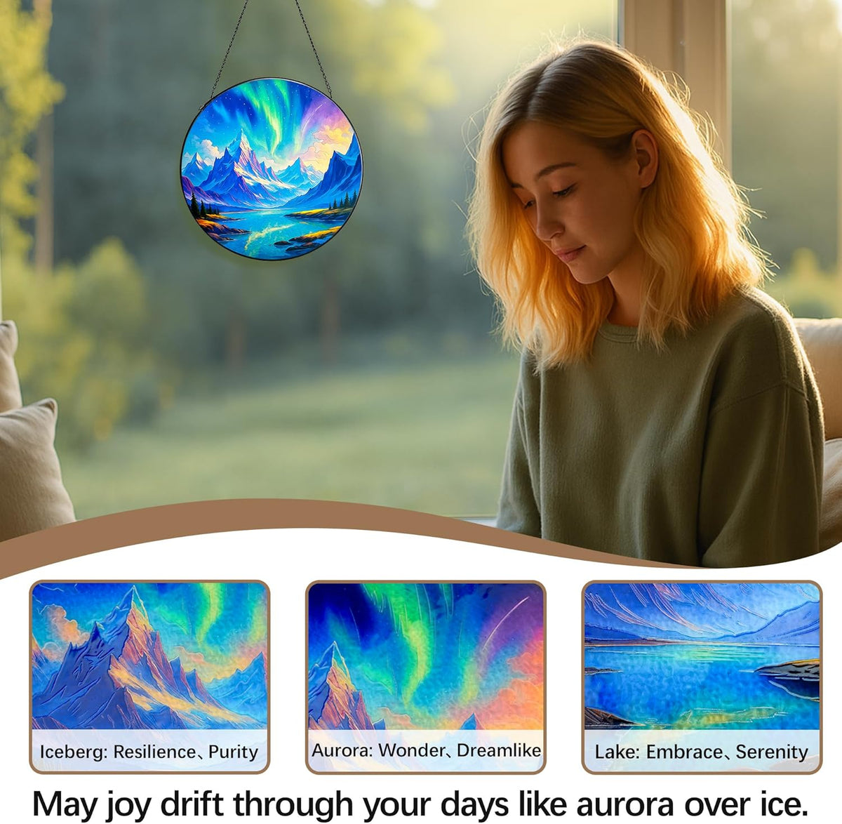 Stained Glass Window Hanging,Winter Aurora Sun Catchers Stained Glass Panels for Indoor Windows