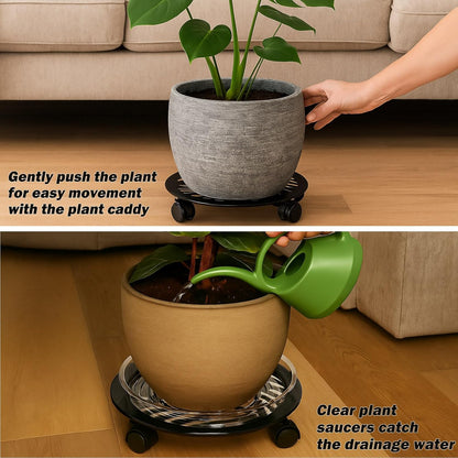 3 Packs Large Metal Plant Caddy with 3 PU Wheels 12" Heavy-duty Wrought Iron Rolling Plant Stands