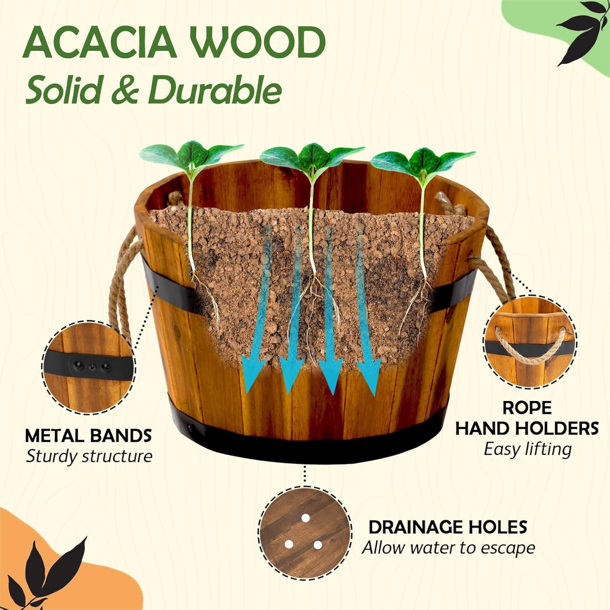 IDZO Set of 3 Wooden Flower Boxes Outdoor, Durable Acacia Wood Barrel Planters for Outdoor Plants