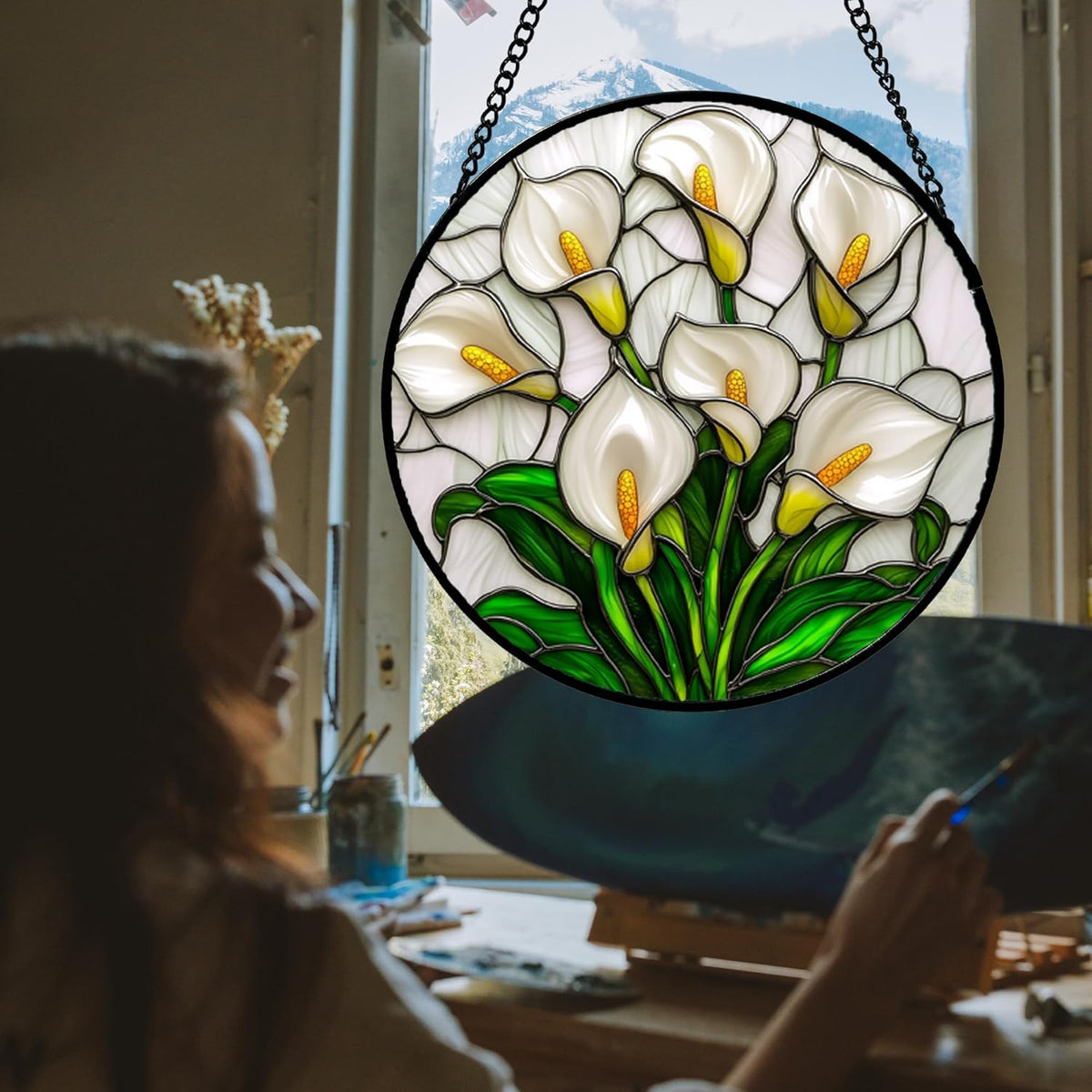 Stained Glass Window Hanging, White Calla Lily Suncatcher Diamond Glass Panel Hangings Flowers Sun