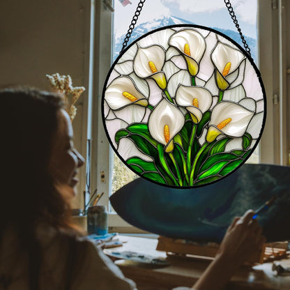 Stained Glass Window Hanging, White Calla Lily Suncatcher Diamond Glass Panel Hangings Flowers Sun