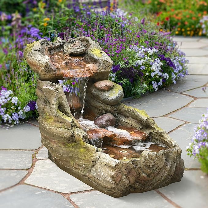 32.5" L Garden Outdoor Water Fountain, Floor Standing Cascading Realistic Tree Trunk Natural