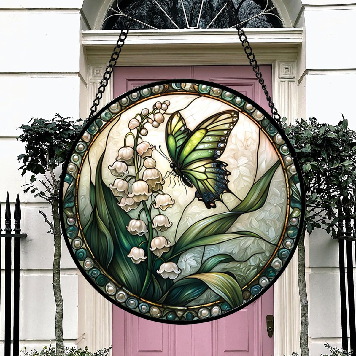 Stained Glass Window Hanging, Lily of The Valley Flower Butterfly Suncatcher for Doors Home Sun