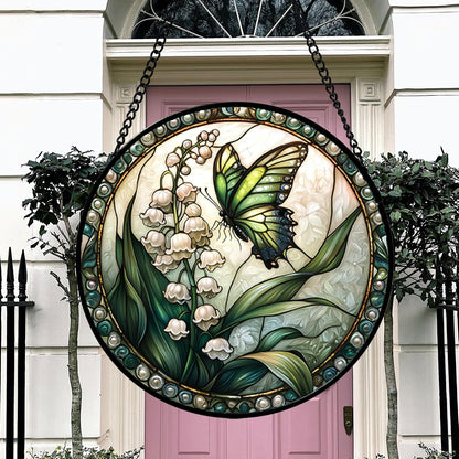 Stained Glass Window Hanging, Lily of The Valley Flower Butterfly Suncatcher for Doors Home Sun