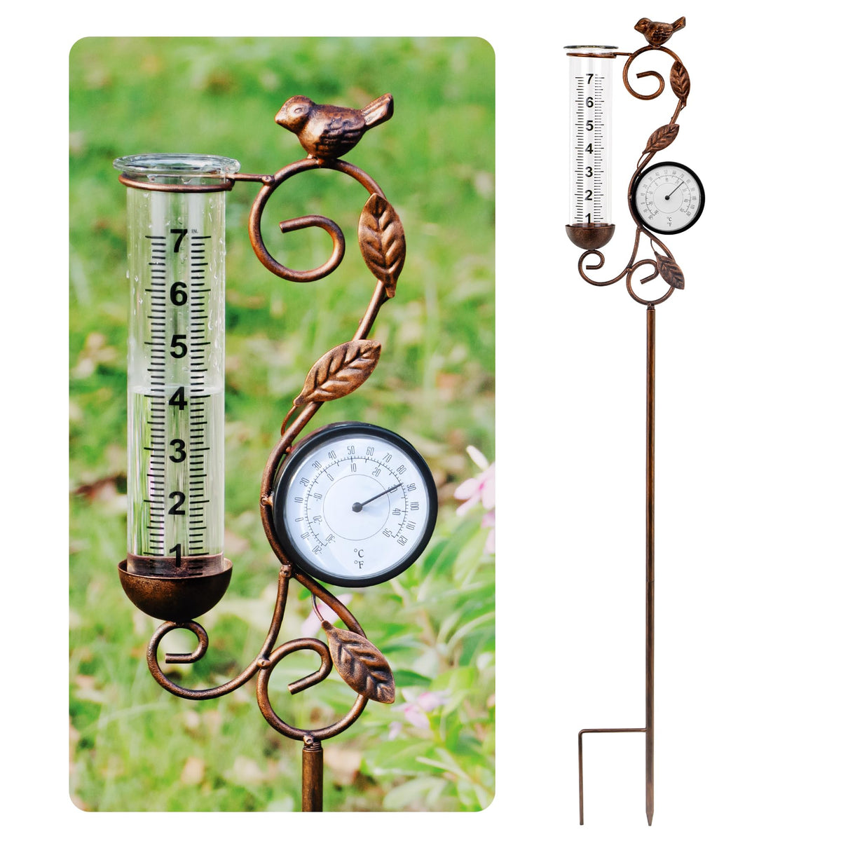 32" Garden Rain Gauge with Thermometer - 7" Glass Tube for Outdoor Indoor Use, Patio Yard Decor