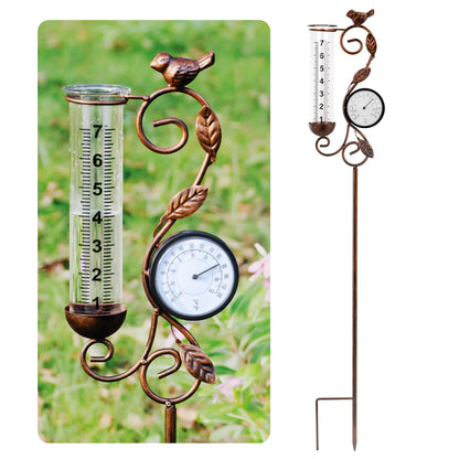 32" Garden Rain Gauge with Thermometer - 7" Glass Tube for Outdoor Indoor Use, Patio Yard Decor