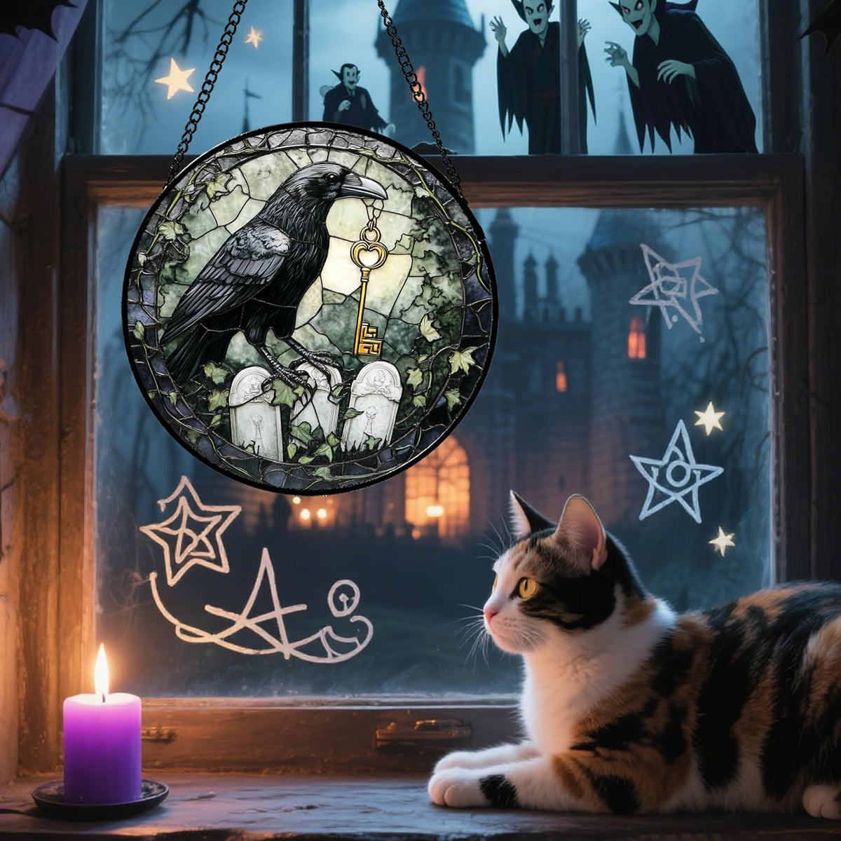 Stained Glass Window Hanging - Halloween Crow White Tombstone Suncatcher for Doors Garden Home