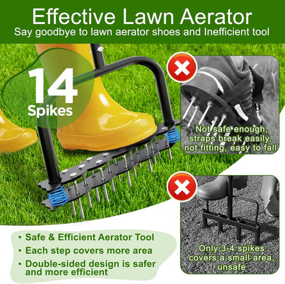 Lawn Aerator -Aerator Lawn Tool with 14 Iron Spikes, Automatic Dirt and Leaf Clean with