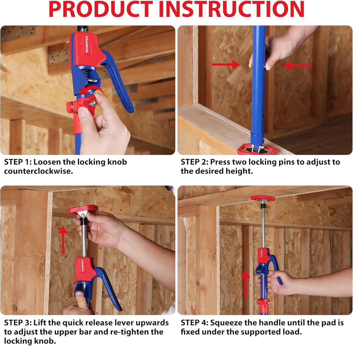 WORKPRO Cabinet Jack Support Pole, 54-114 Inches Steel Telescopic Quick Support Rod Adjustable 3rd