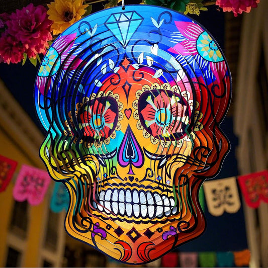 Goolyrusim Metal Wind Spinner - Sugar Skull Wind Spinners, Kinetic Hanging Wind Sculpture 3D
