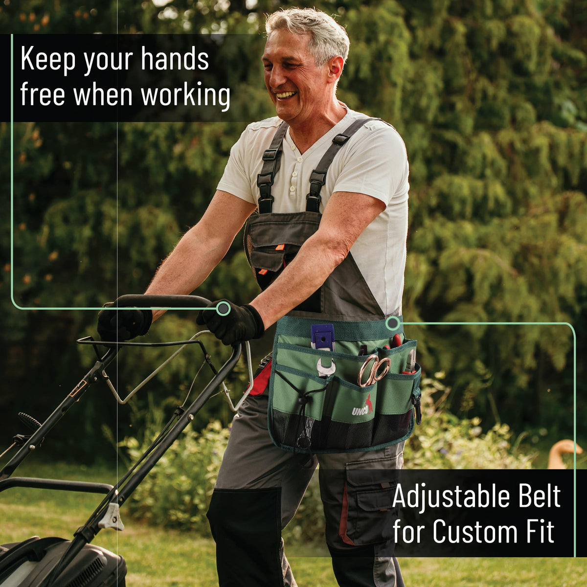 UNCO- Adjustable Gardening Belt, Green, 7 Pockets, Wear, Cut and Water Resistant, Garden Tool Belt
