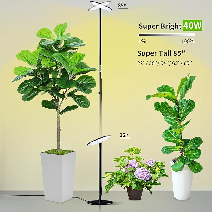 chiphy Grow Lights, 85" Full Spectrum Plant Light for Indoor Plants, 4/8/12H Timer, 40W Grow Lamp