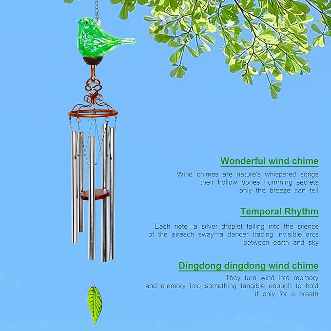 Wind Chimes, Solar Glass Bird Shape, LED, Outdoor Lawn and Patio Glass and Metal Decoration, 7 x 4