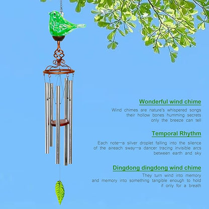 Wind Chimes, Solar Glass Bird Shape, LED, Outdoor Lawn and Patio Glass and Metal Decoration, 7 x 4