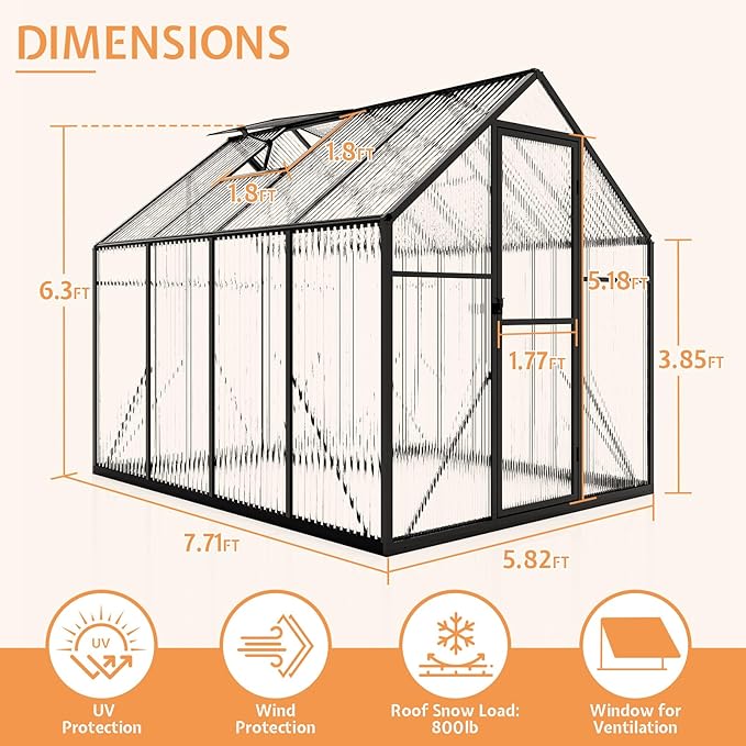 Jocisland 6x8x6.3 FT Polycarbonate Greenhouse for Outdoors with 2 Windows, Dual Swing Doors