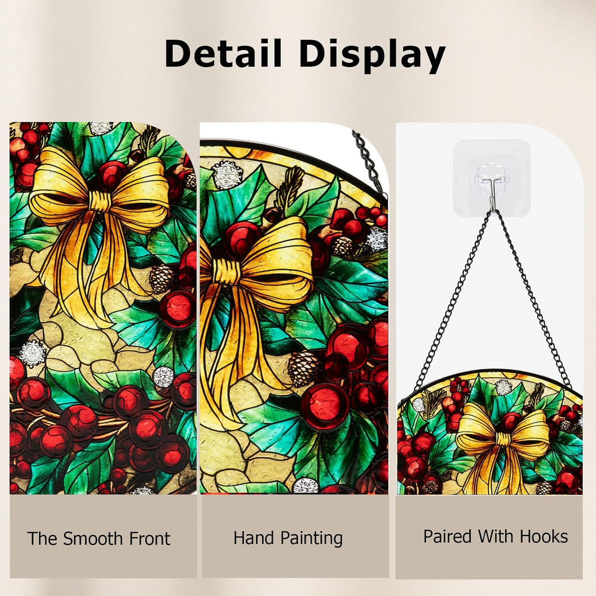Stained Glass Window Hanging, Christmas Festive Holly and Red Berries Suncatcher for Doors Home Sun
