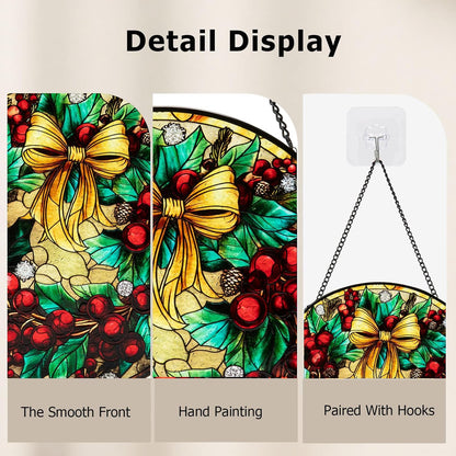 Stained Glass Window Hanging, Christmas Festive Holly and Red Berries Suncatcher for Doors Home Sun
