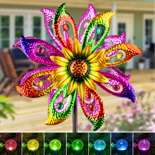 360°Solar Wind Spinner with Lights Sunflower Garden Outdoor Decor Yard Lawn Art Decor for Patio