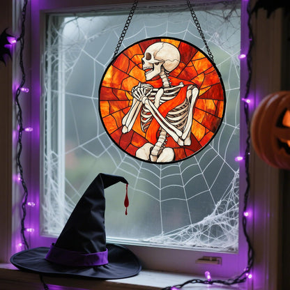 Stained Glass Window Hanging - Halloween Decorations Fear Skeleton Suncatcher for Doors Garden