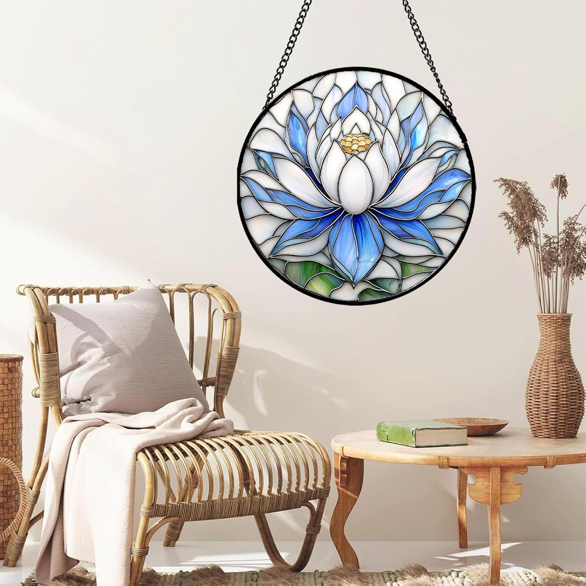 Stained Glass Window Hanging - Blue and White Lotus Petal Suncatcher for Doors Window Home Sun